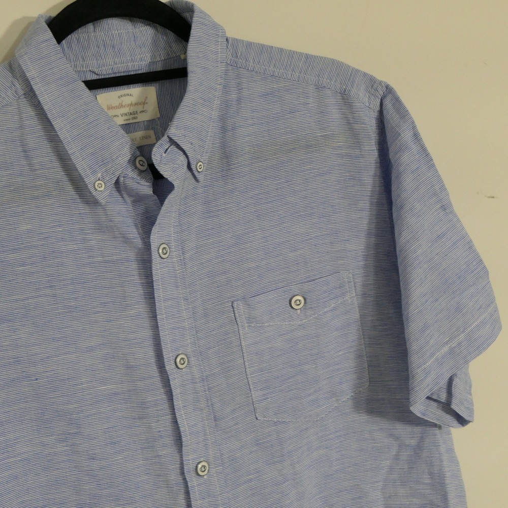 Weatherproof Vintage Mens Shirt M Blue Striped Linen Blend Coastal Casual Preppy - Picture 7 of 9
